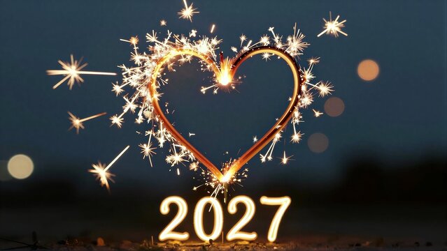 Sparkler heart and 2027 glow against a dark night sky, symbolizing new beginnings.