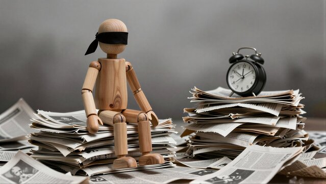 Wooden figure blindfolded sits amid newspaper piles, clock ticks nearby.