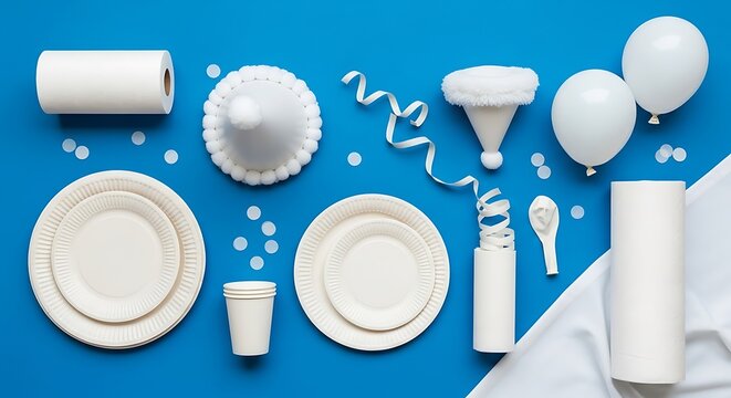 A festive collection of birthday celebration supplies including paper plates cups napkins and hanging helium inflatables rests upon a vibrant azure surface during an organized holiday party