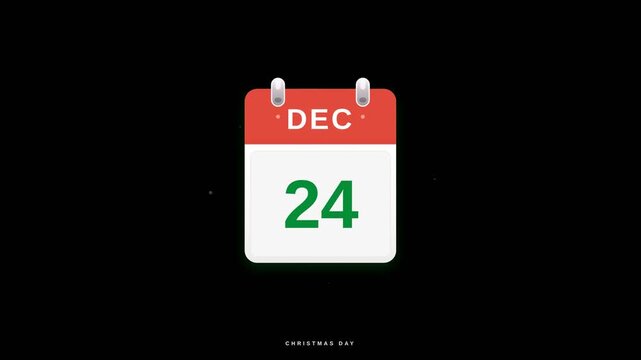 Christmas calendar animation flipping from December twenty fourth eve to December twenty fifth day with light sweep on black background in clean 2D flat graphic style