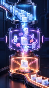 Vertical Futuristic 3D digital rendering of a complex machine processing glowing code snippets and data packets, illustrating a high-tech automation workflow for DevOps and big data analysis.