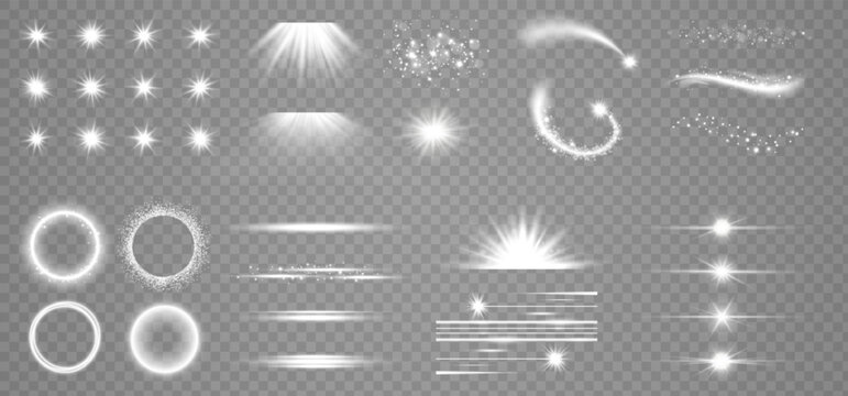 White light effect set. Silver sparkle, glowing stars, light streaks, rings, swirls and particles. Elegant elements on transparent background for festive, wedding, beauty design. Vector illustration.