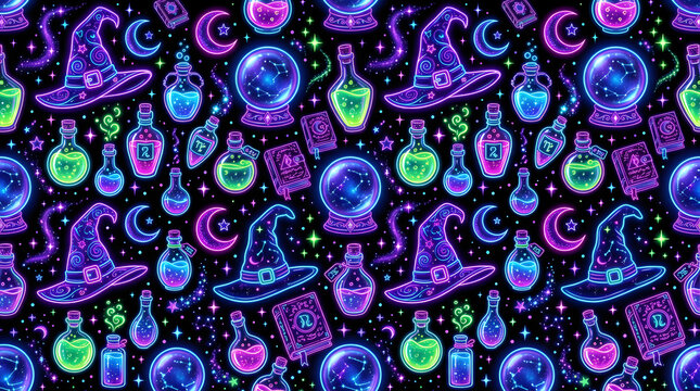 Futuristic Halloween Pattern with Aliens and Cosmic Elements