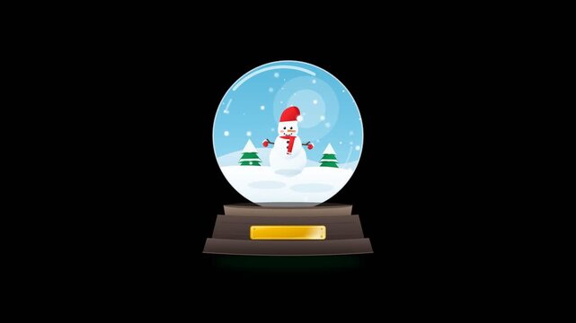 Christmas snow globe with cute snowman and falling snow particles swirling inside glass dome centered on black background in seamless vector animation loop