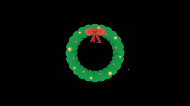 Christmas green wreath with red bow ribbon and glowing holiday ornaments shining in smooth looping motion on solid black background in flat 2D vector animation style