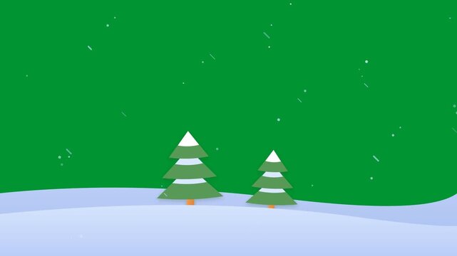 Stylized Christmas pine trees and falling snow particles animated smoothly across winter snowy hill landscape on green screen chroma key in flat 2D vector style loop