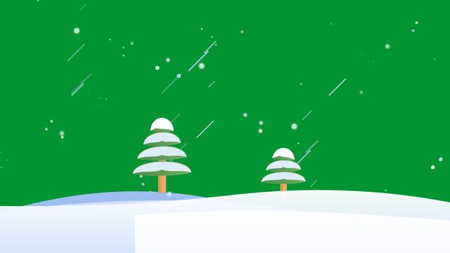 Christmas winter landscape with snow covered pine trees and falling snow particles animated in seamless loop on flat green screen background in 2D cartoon style