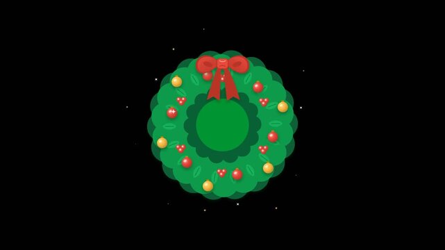 Traditional green Christmas wreath with red bow ribbon and decorative baubles gently shimmering in a seamless motion loop against a dark black background in flat 2D vector style