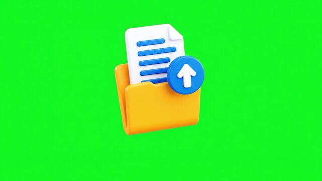 3D render of a yellow folder icon with a document and upload arrow on a green screen background