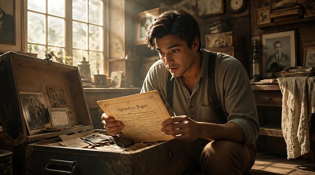 Young Man Examining Old Newspaper Document in Dusty Attic with Vintage Suitcase and Photos, Nostalgic Memory Concept