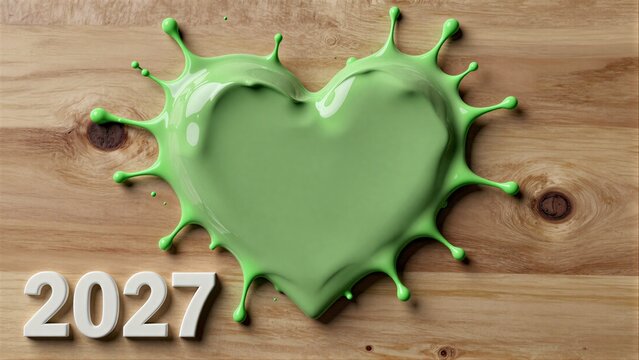 Green paint heart splat on wood, year 2027 boldly displayed.