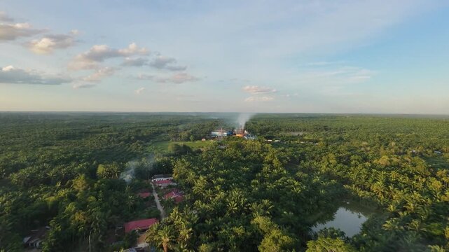 Stunning aerial perspective of a massive palm oil plantation surrounding an active processing plant. Tropical agricultural industry background showing rural farmland, trees, and factory smoke at dusk