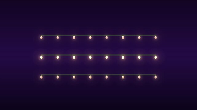 Glowing Decorative String Lights Arranged in Parallel Rows Against a Deep Purple Background