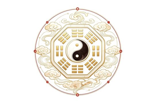 Red And Gold Bagua Yin Yang Eight Trigrams And Clouds White Background Negative Space