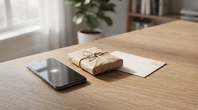 A smartphone and a small wrapped parcel on a wooden desk.