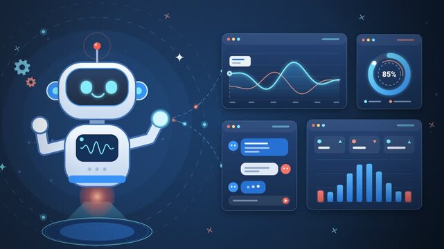 Friendly AI robot assistant with holographic dashboard showing charts, chat messages and performance percentage, futuristic artificial intelligence technology animation, blue background, 4K
