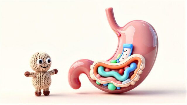 Knitted friend stands beside colorful, cartoonish digestive tract model.