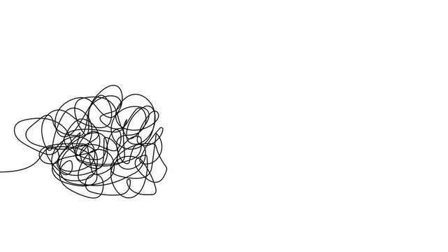 Animated confusion to creative idea continuous line illustration. Light bulb and tangled thoughts 4K video