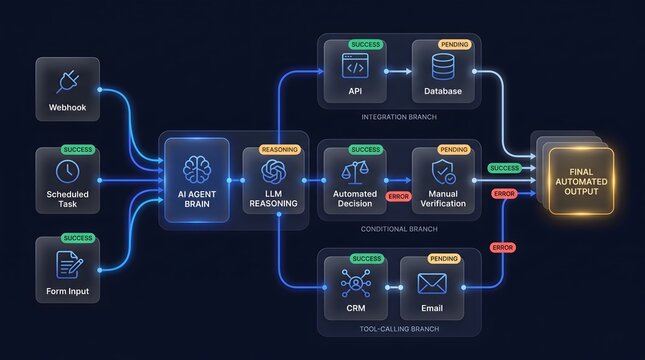 AI agent workflow automation process with LLM reasoning decision making and final output