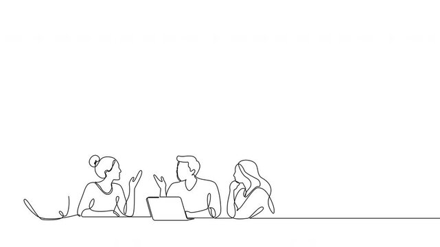 Animated teamwork continuous line illustration. People discussing and collaborating at a desk 4K video