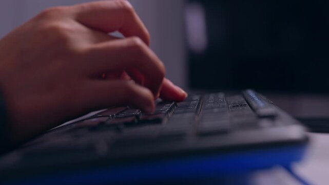 Close Up Human Hand Typing on Computer Keyboard in Dim Blue Office Workspace, Focused Technology Work, Digital Productivity, Remote Work Atmosphere, Dramatic Blue Light, Shallow Depth of Field