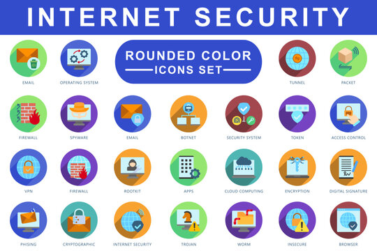 Internet Security Rounded Icons Set. contain tunnel, packet, token, spyware, phising, worm, trojan, browser, rootkit and more. Vector for modern concept, print, UI, UX kit, web and app development.