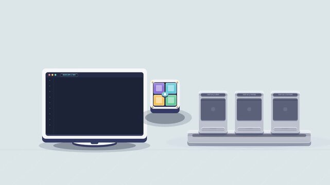 Premium 4K colorful 2.5D animation showing the software development workflow from coding and building to testing, bug detection, fixing, retesting and final software release.