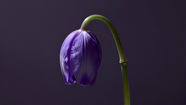 Purple flower droops gracefully against a dark, minimalist backdrop.