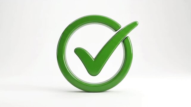 Glossy green 3D check mark inside a circle on a clean white background. Minimalist, modern 3D render style with soft shadows, ideal for approval, success, verification, quality, correct answer 
