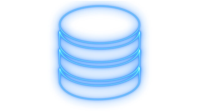 Colorful neon database icon and computer server storage tower symbol representing cloud computing digital technology hosting isolated on transparent background