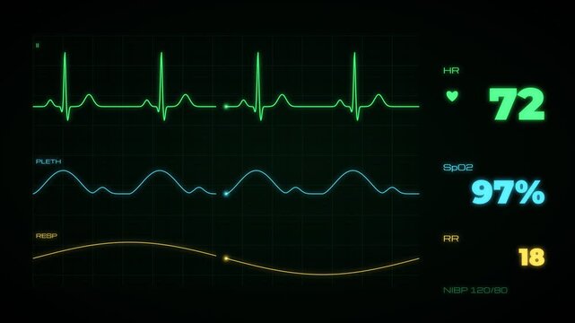 ECG monitor displaying heart rate, oxygen saturation, and respiration rate with changing values over time