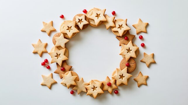 Christmas cookie wreath made of star-shaped shortbread and gingerbread cookies with berry accents on white background Generative AI