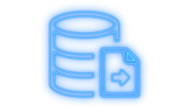 Colorful neon icon of database server with document file and arrow showing data export transfer process isolated on transparent background vector illustration