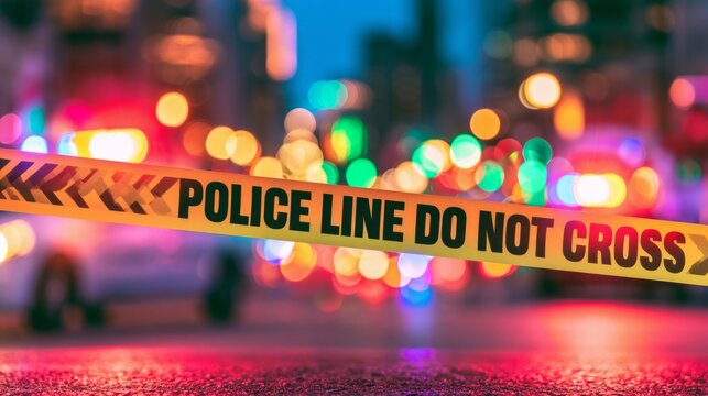 Yellow Warning Tape Marking Police Line, Do Not Cross at Crime Scene with Blurry City Lights Background