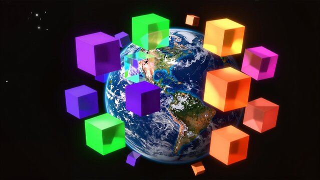 Vibrant cubes explode around Earth, symbolizing digital innovation and global connectivity.
