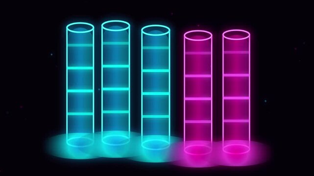 Futuristic neon glowing cylinders stand vertically in a dark space featuring vibrant blue and pink lights.