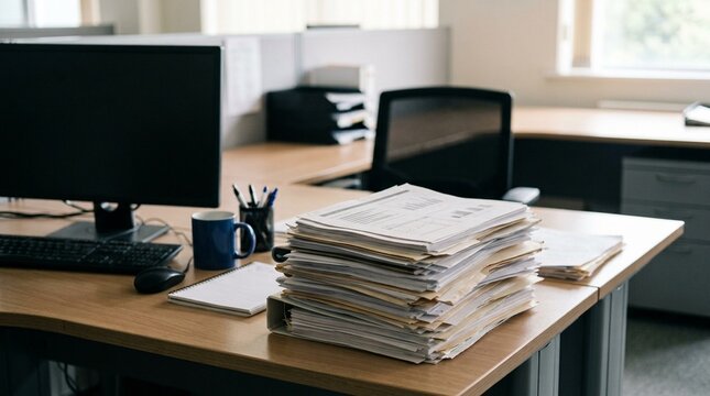 Backlog analytics reports stacked on office desk, order backlog tracking and logistics management concept
