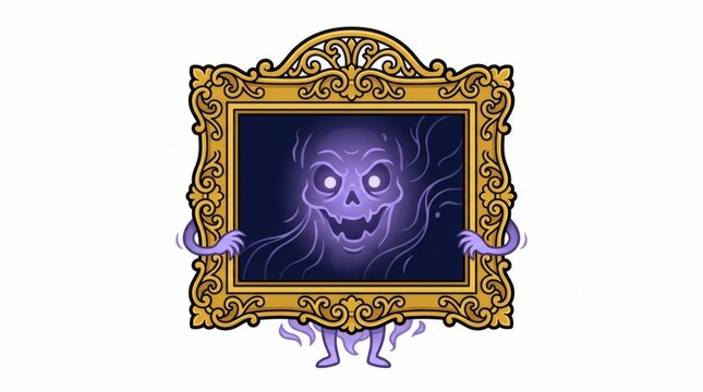Flat Vector Haunted Picture Frame Character Ghostly Face Full Color Illustration

