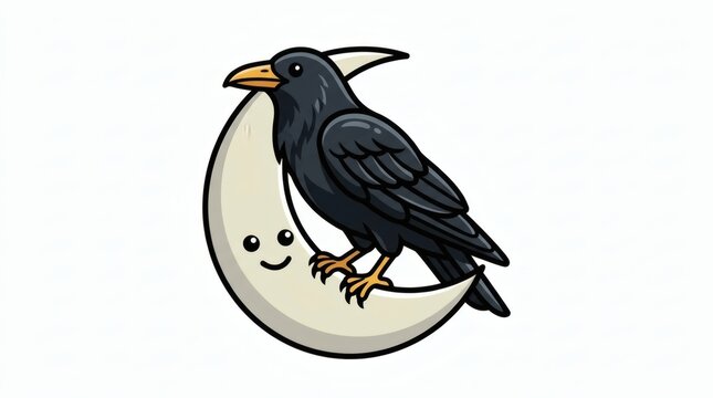 Flat Vector Raven Perched Crescent Moon Character Full Color Illustration

