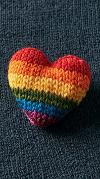 Knitted rainbow heart rests on dark fabric, symbolizing LGBTQ pride, love, and acceptance in a colorful handicraft piece Generative AI