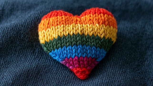 Knitted rainbow heart on dark fabric shows pride, love, and acceptance of LGBTQ values through colorful design Generative AI