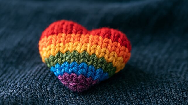 Knitted rainbow heart on dark fabric symbolizes love and acceptance in LGBTQ community Generative AI
