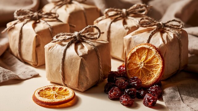 Miniature Christmas fruit cakes wrapped in parchment with dried orange slices and cranberries on a cream background Generative AI
