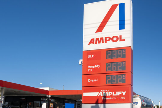 Ampol service station pylon sign displaying high fuel prices for ULP, Amplify 98 and Diesel, in Horsham, Victoria, Australia