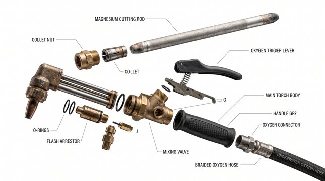 Wet Welding Stinger - 3D illustration of Exploded view of a wet welding electrode holder
(stinger)