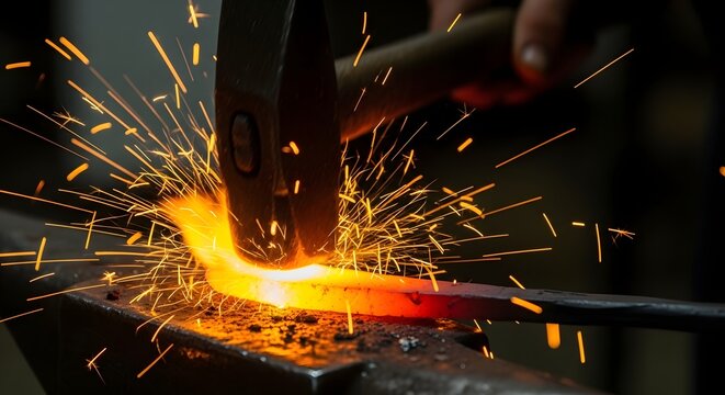 Blacksmith uses hammer to strike hot iron creating bright orange sparks