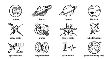 Space exploration icons: planets, probes, and scientific instruments © Quntul