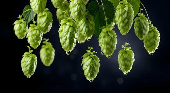 Green hops hang with water droplets on a dark background