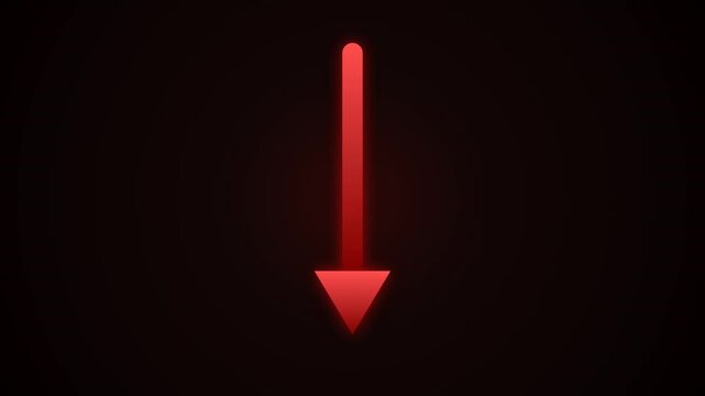Glowing red neon arrow pointing downward on a dark black