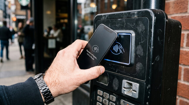 Contactless Payment at a Kiosk: A hand holds a smartphone near a payment terminal, demonstrating a modern, secure contactless transaction. Capturing the convenience of digital payment.